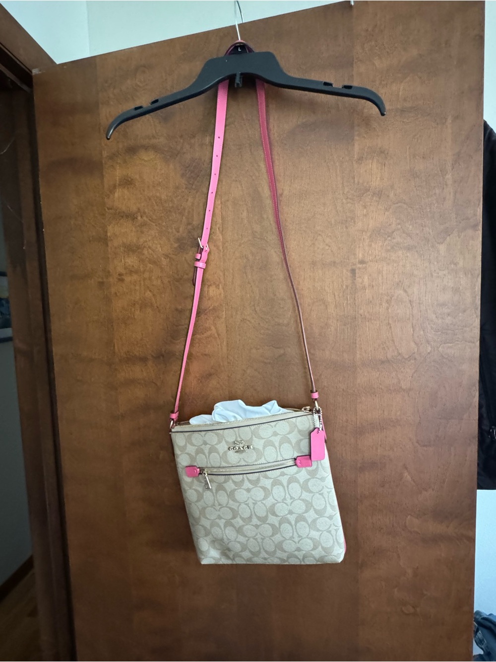 Coach Beige Signature Crossbody with Pink Trim